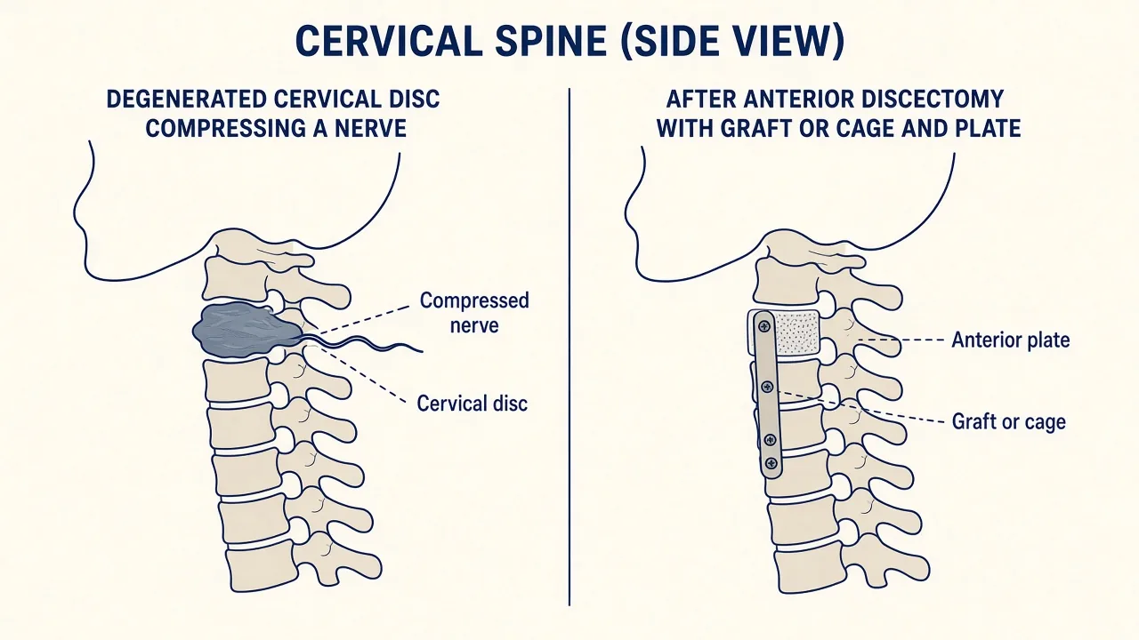 Illustration of an anterior cervical disc removal and plate-and-graft fusion