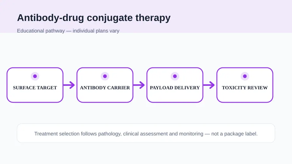 Medical illustration showing a surface target, antibody carrier, linked drug payload and toxicity review