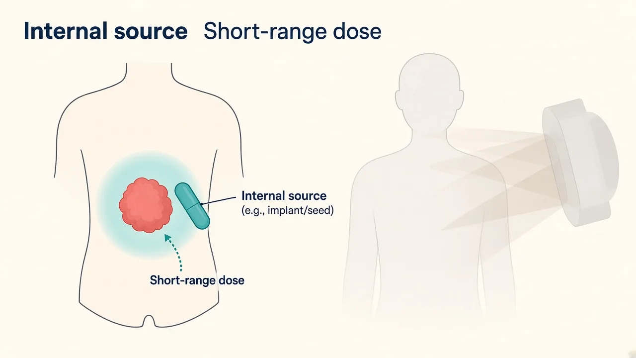 Illustration of an internal radiation source placed near a tumor with a short-range dose cloud