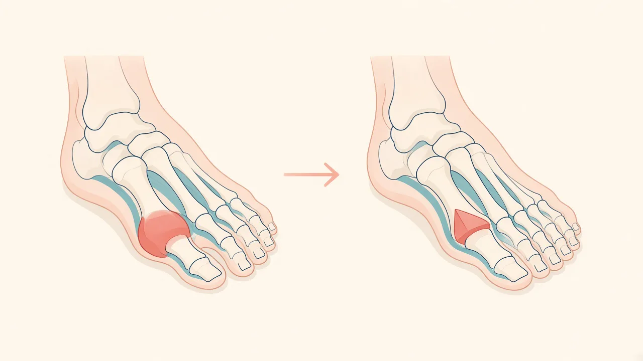 Illustration of a hallux valgus bunion and a conceptually realigned first toe