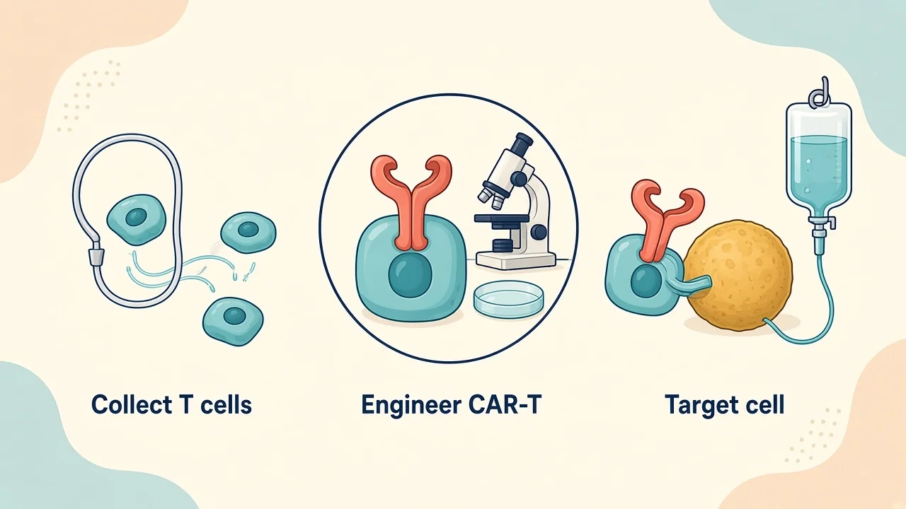 Medical illustration showing apheresis, CAR-T cell engineering, lymphodepleting treatment and monitored cell infusion