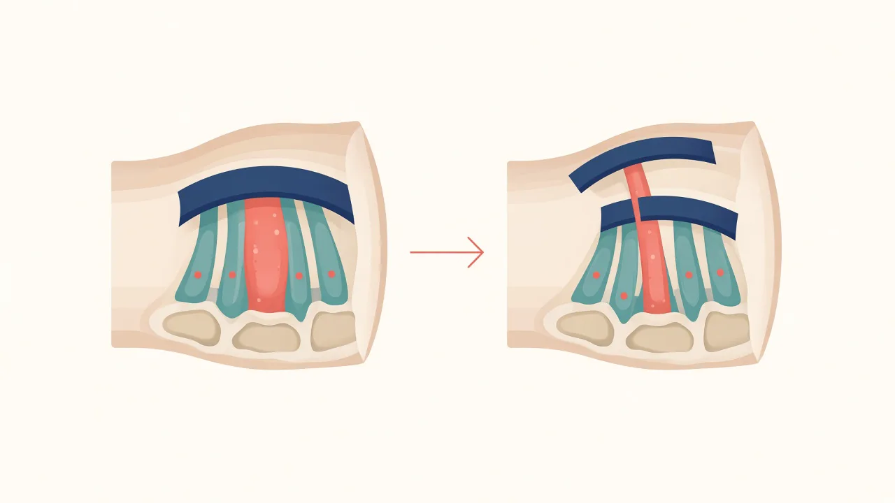 Illustration of a compressed median nerve at the wrist and conceptual ligament release