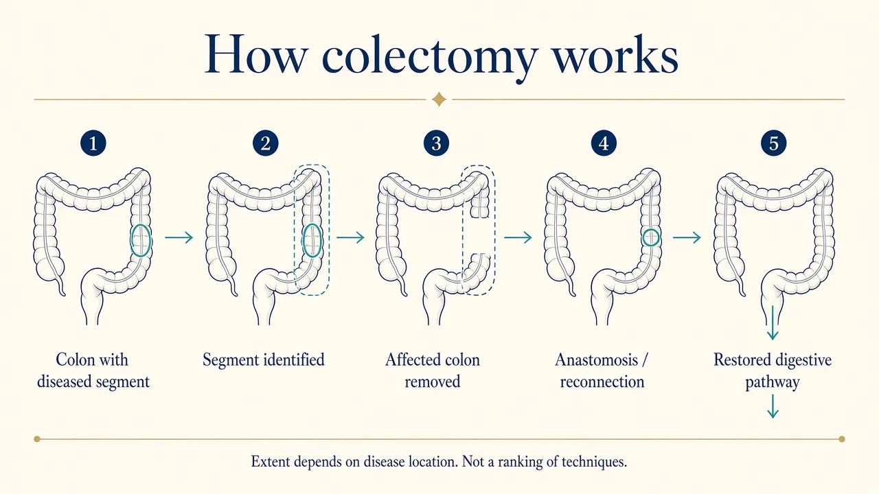 Medical illustration showing the main steps of colectomy from removal of diseased colon tissue to bowel reconstruction