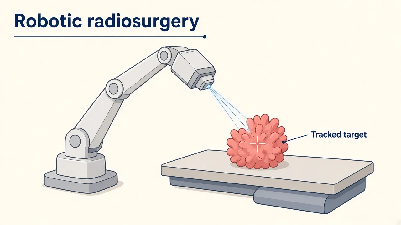 Illustration of a robotic arm delivering tracked radiosurgery beams to a small target