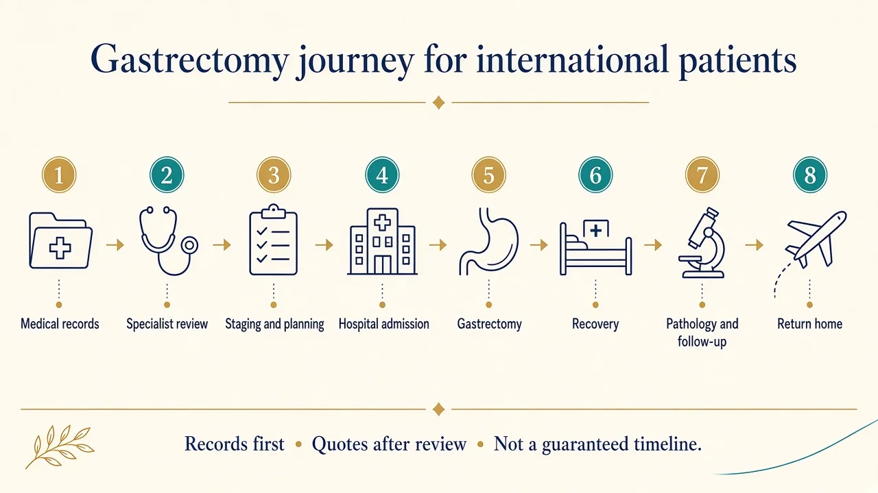 Illustration of the gastrectomy treatment journey for international patients travelling to India