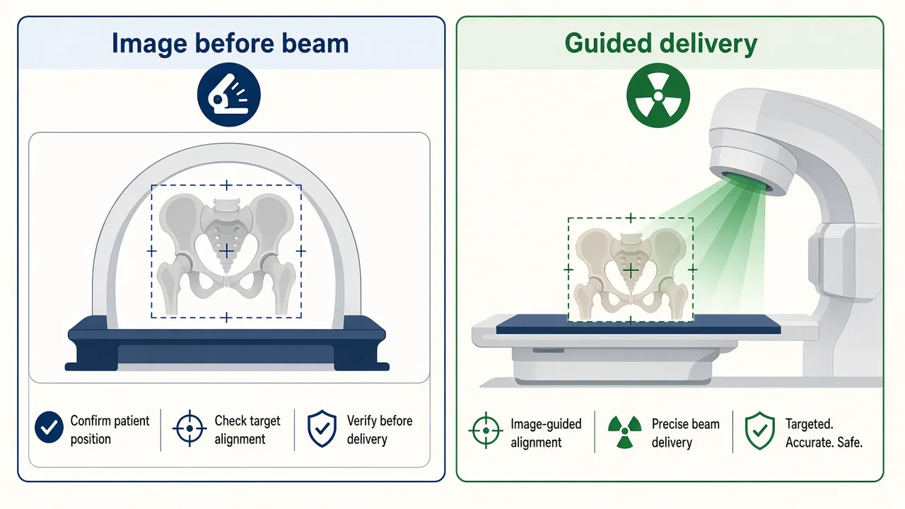 Illustration of a positioning scan checked before radiation beams are delivered