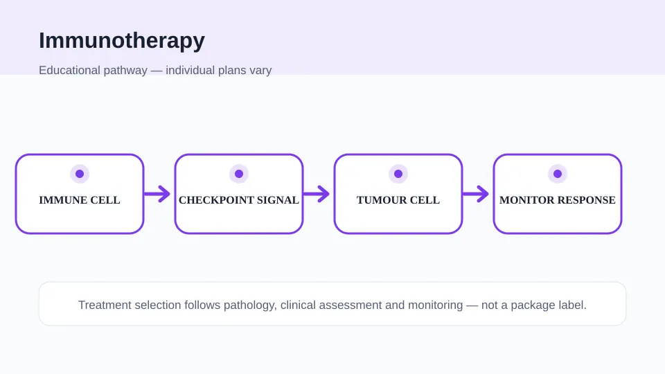 Medical illustration showing immune-cell, checkpoint-signal, tumour-cell and response-monitoring steps in cancer immunotherapy