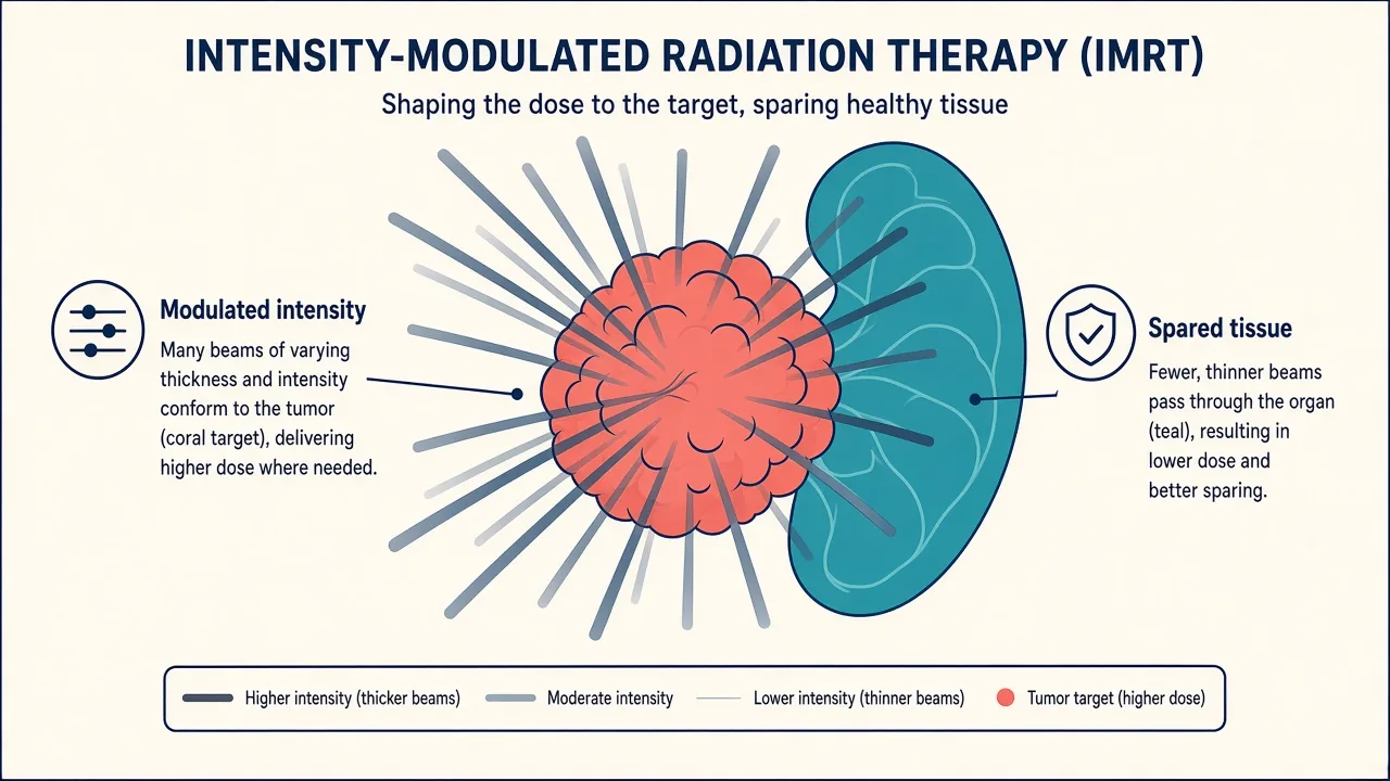 Illustration of intensity-modulated radiation beams wrapping a tumor while reducing dose to nearby tissue