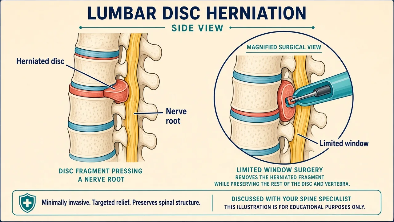 Illustration of a herniated lumbar disc and a magnified window used for microdiscectomy