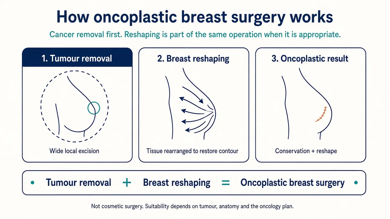 Illustration showing tumour removal and breast reshaping in oncoplastic breast surgery