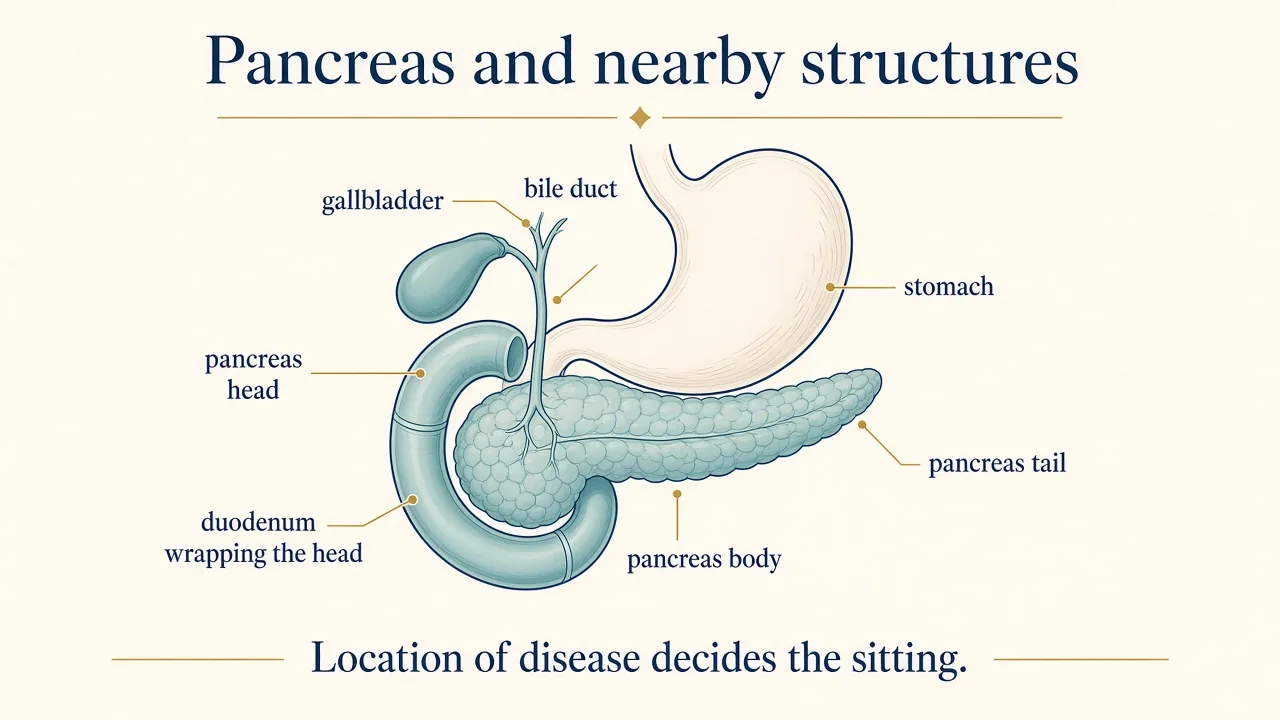 Medical illustration showing the pancreas and nearby digestive structures relevant to pancreatic surgery