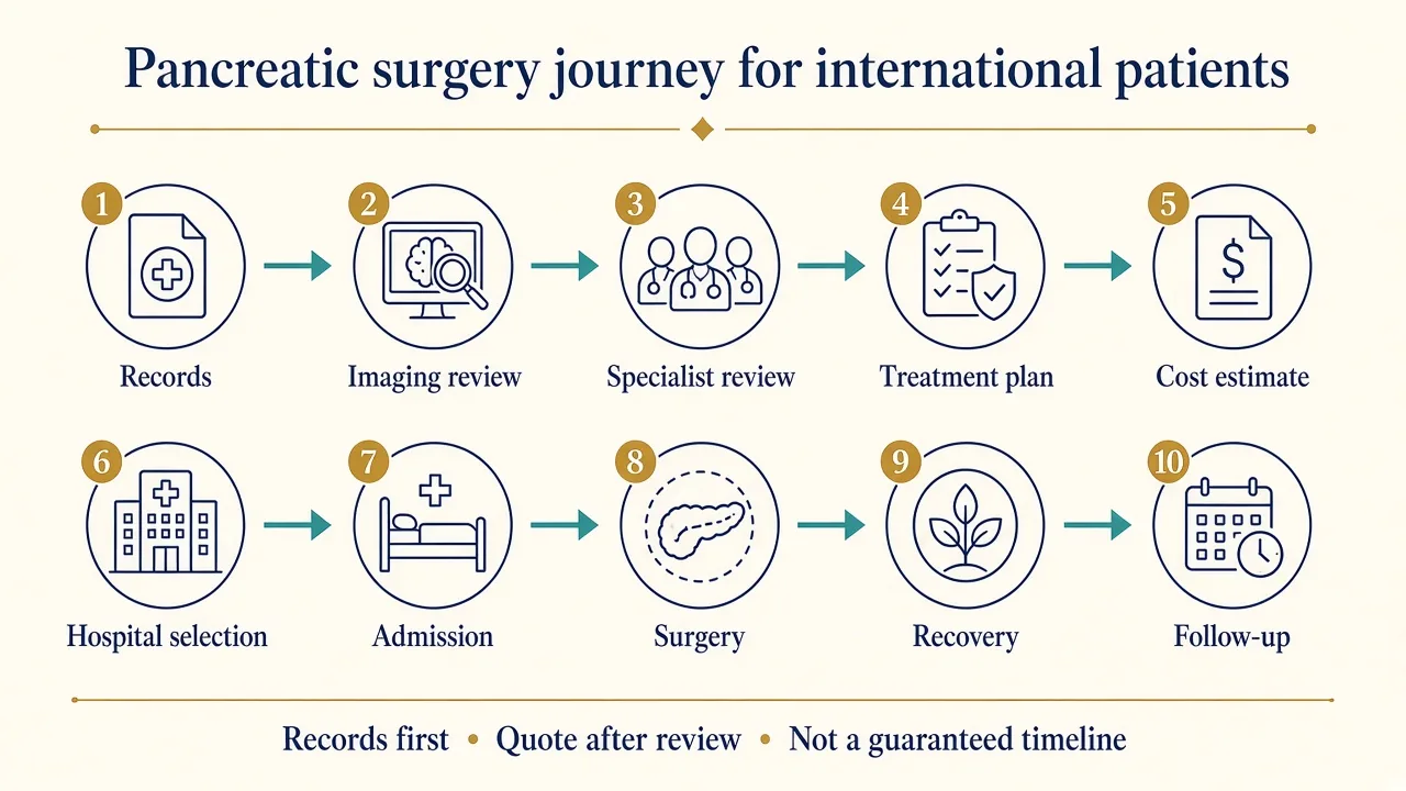 Illustration showing the treatment journey for international patients planning pancreatic surgery in India