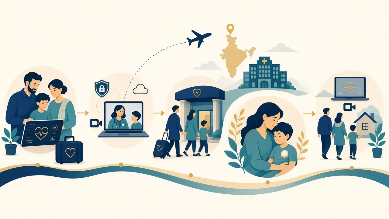 Illustration of an international family sharing records, travelling to India and arranging follow-up