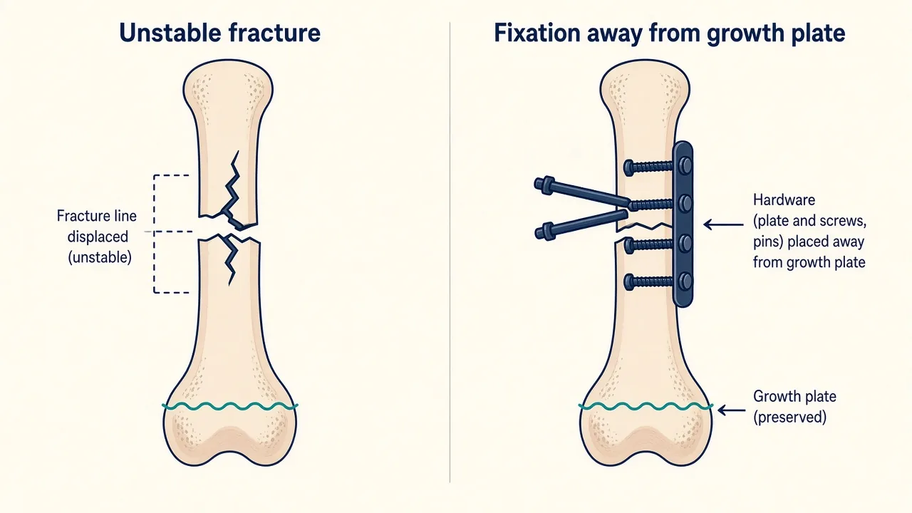 Illustration of a child's long-bone fracture held with pins that stop short of the growth plate
