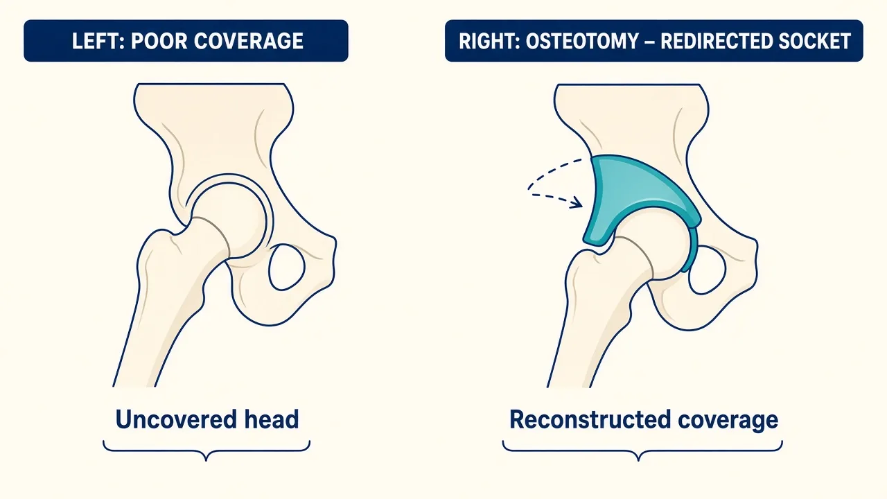 Illustration of an uncovered child's femoral head beside a reconstructed hip with improved coverage