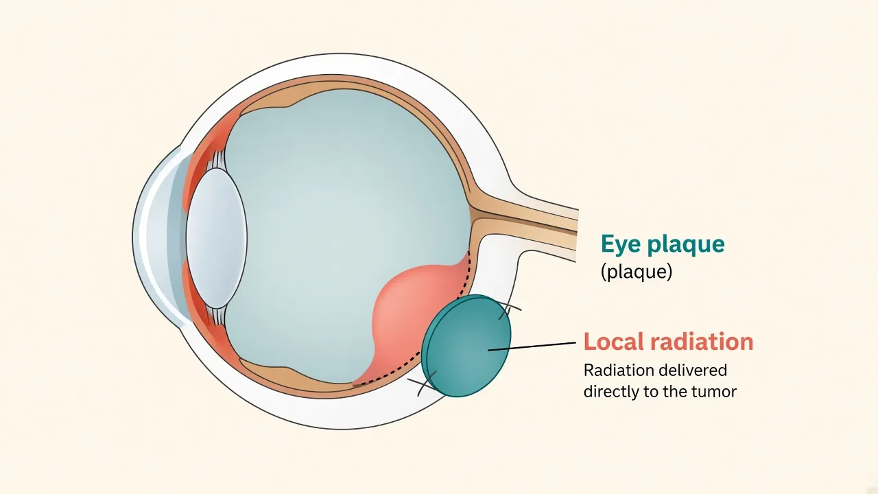 Illustration of an ocular radiation plaque positioned on the wall of the eye beside an intraocular tumor