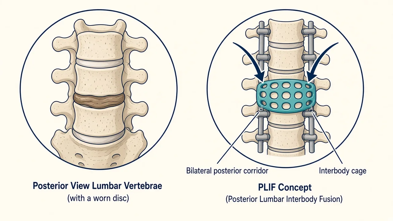 Illustration of a posterior corridor used to place a lumbar interbody cage during PLIF