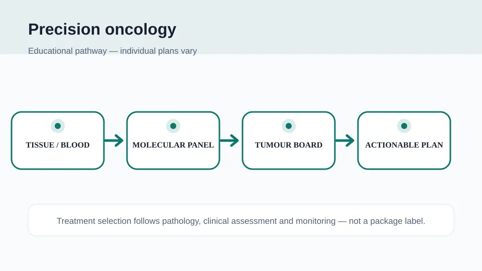 Medical illustration showing tumour tissue or blood testing, a molecular panel, tumour-board review and an actionable plan