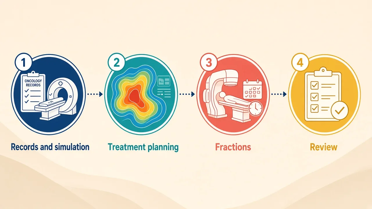Illustration of records review, simulation, treatment planning and fractions for IMRT