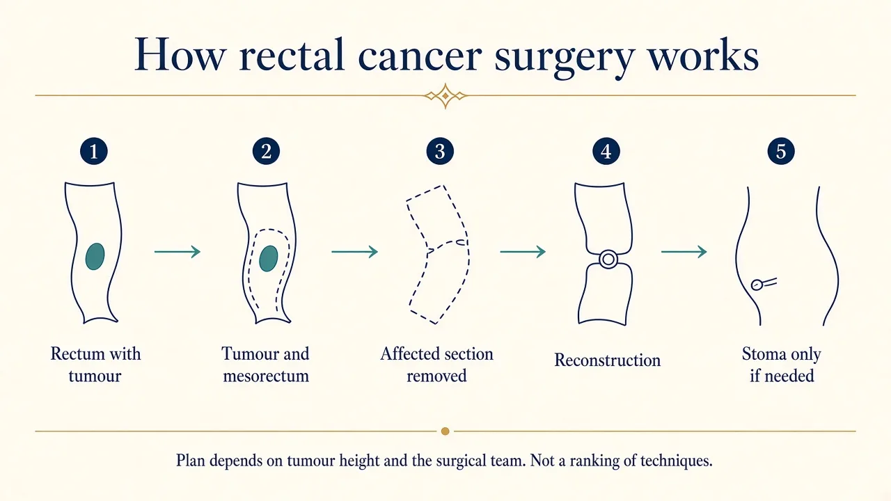 Medical illustration showing the main stages of rectal cancer surgery including tumour removal, surrounding tissue surgery and bowel reconstruction