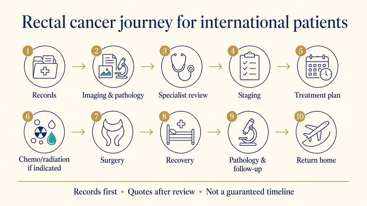 Illustration showing the rectal cancer treatment journey for international patients travelling to India