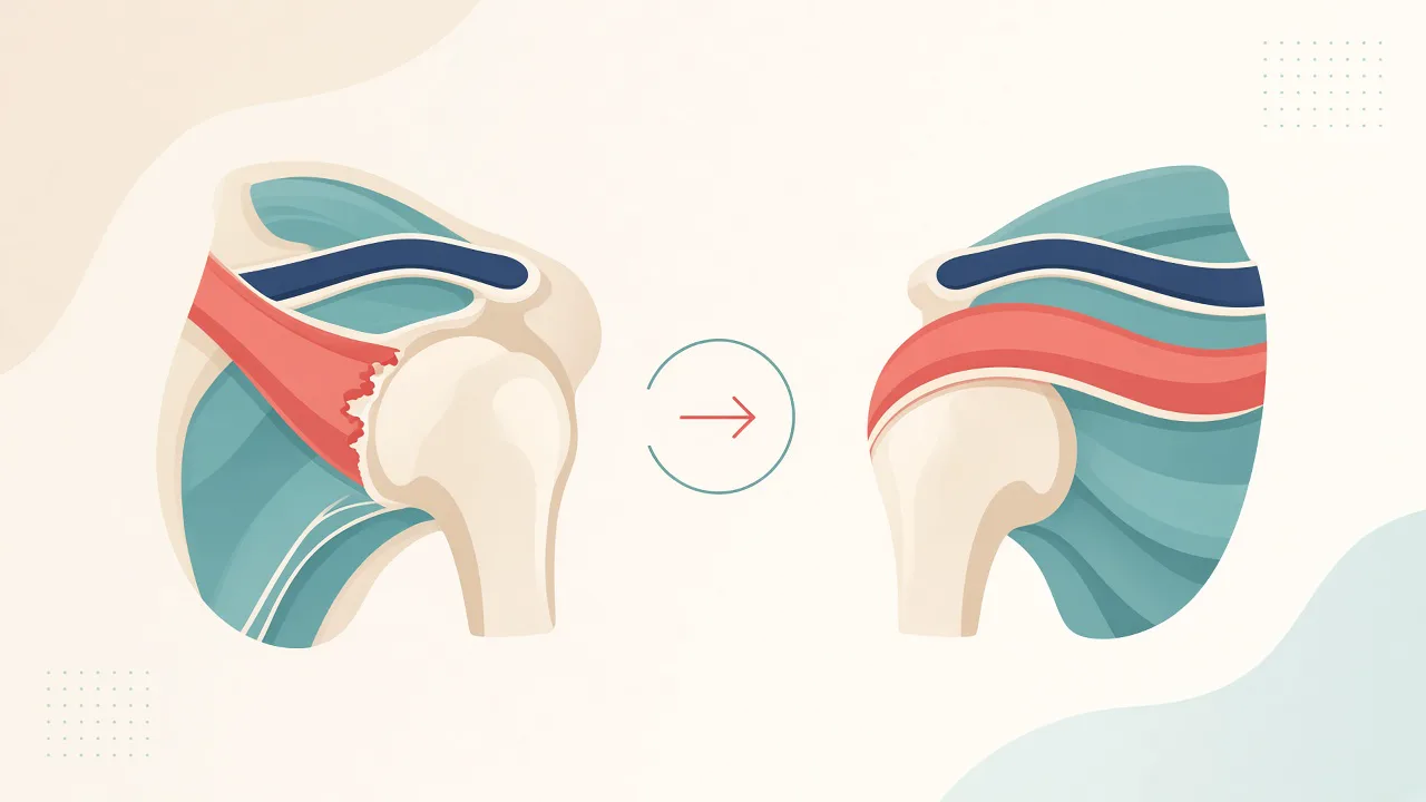 Illustration of a torn rotator cuff tendon and conceptual reattachment to the humeral footprint