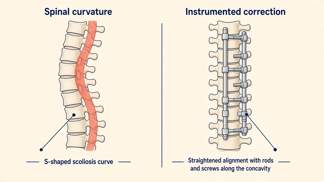 Illustration of a curved spine and the concept of instrumented scoliosis correction