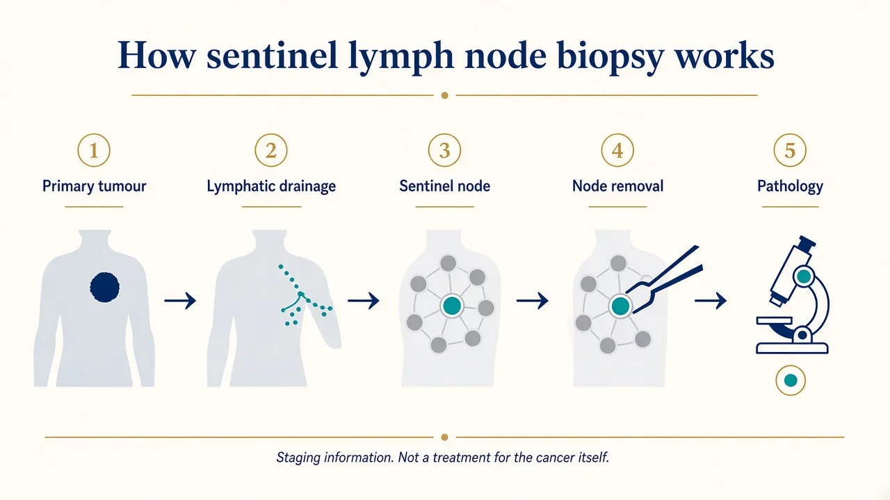 Illustration showing how sentinel lymph node biopsy identifies and removes sentinel lymph nodes for pathology