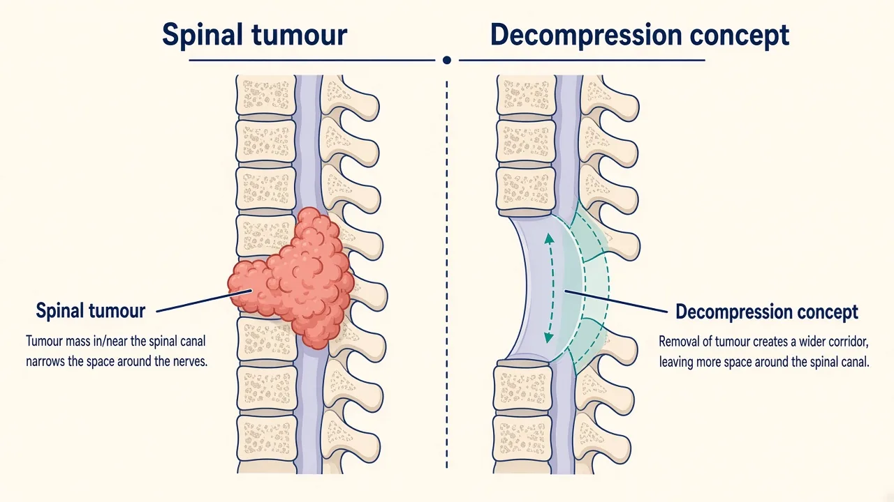 Illustration of a spinal tumour near the canal and the concept of surgical decompression