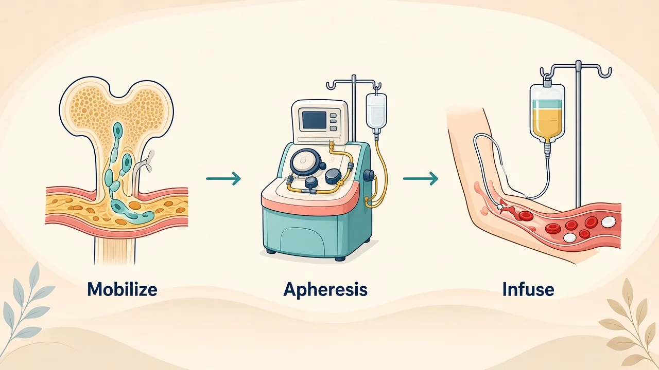 Medical illustration showing stem-cell collection or matching, conditioning, graft infusion and early recovery monitoring