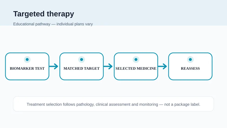 Medical illustration showing biomarker testing, a matched cancer target, selected medicine and response reassessment