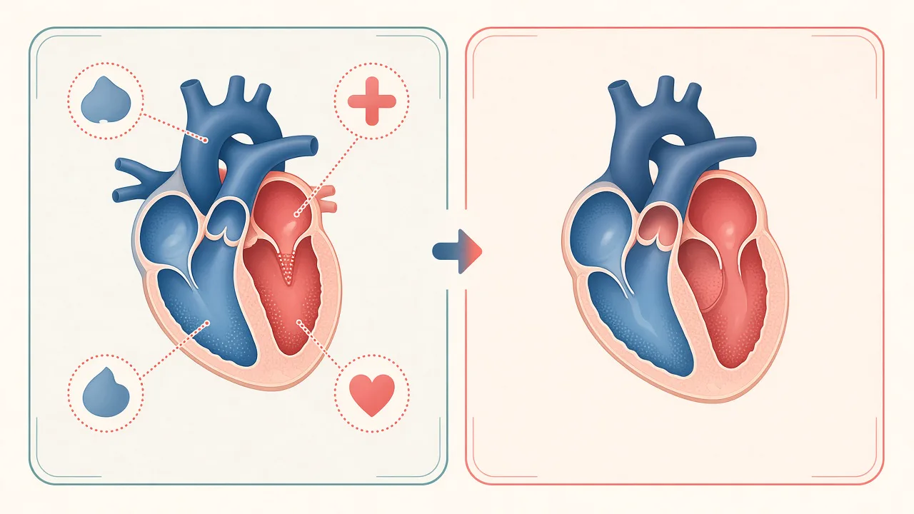 Illustration of tetralogy of Fallot anatomy and the concept of complete repair