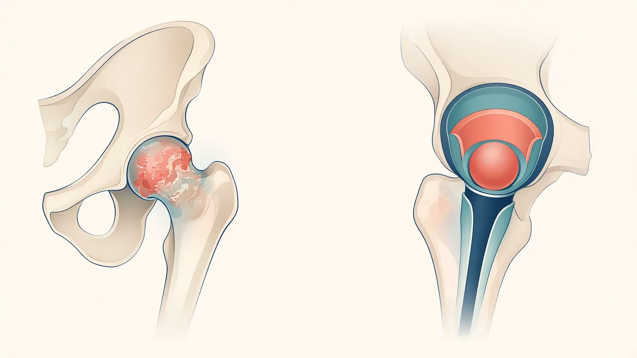 Illustration of a worn hip joint and the concept of replacing the ball and socket