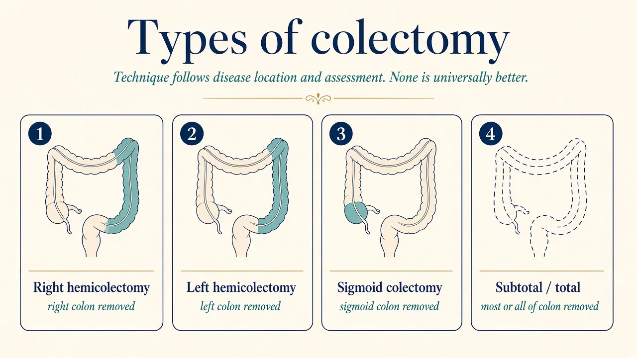 Illustration comparing major types of colectomy including right hemicolectomy, left hemicolectomy and total colectomy