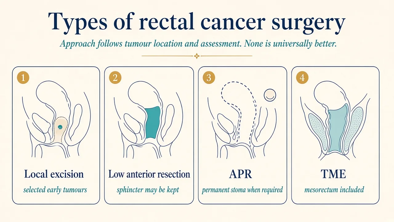Illustration comparing common rectal cancer surgery approaches including low anterior resection and abdominoperineal resection