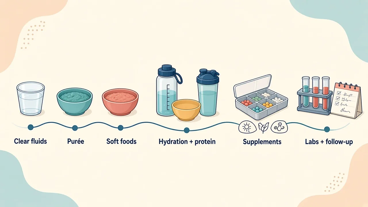 Diet progression, hydration, protein, nutritional monitoring and home follow-up after gastric band removal