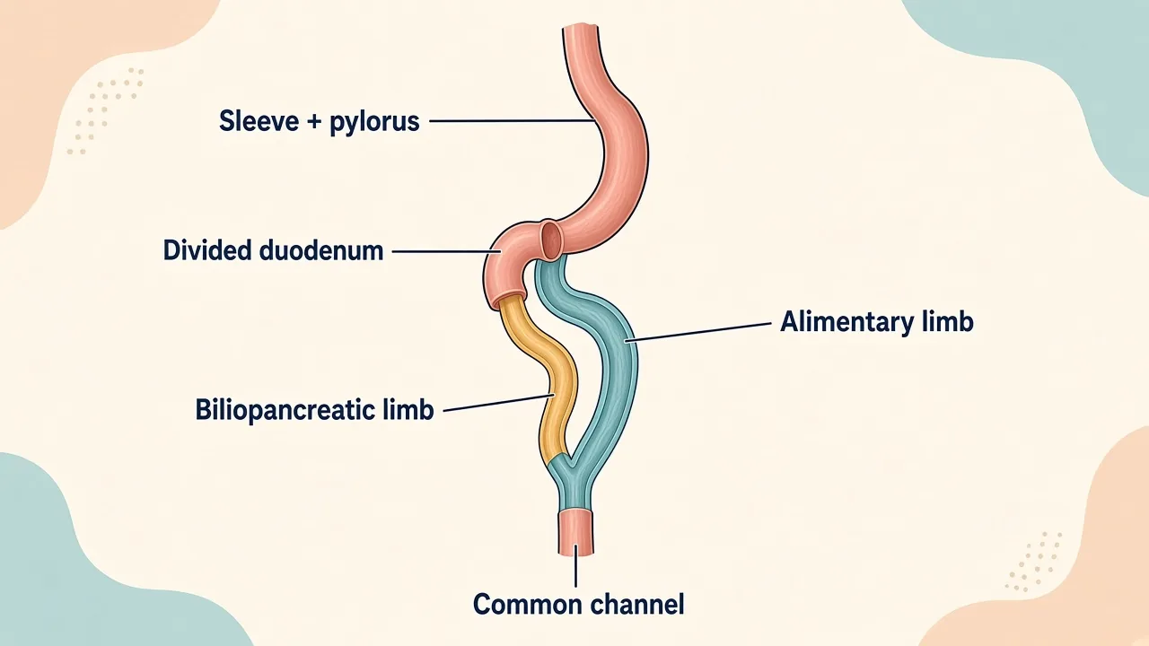 Medical illustration of sleeve stomach, alimentary limb, biliopancreatic limb and short common channel created during BPD/DS
