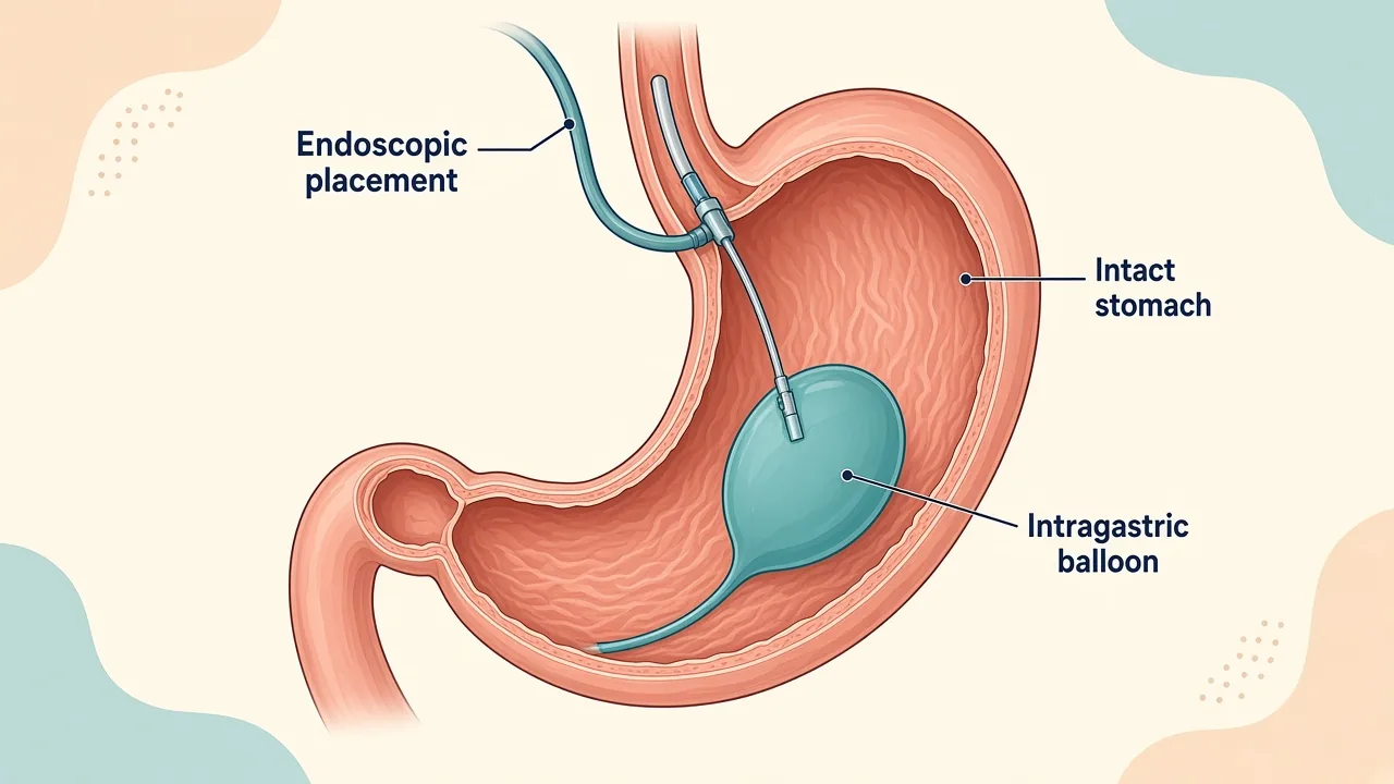 Medical illustration of a temporary filled intragastric balloon occupying space within the stomach without changing intestinal anatomy