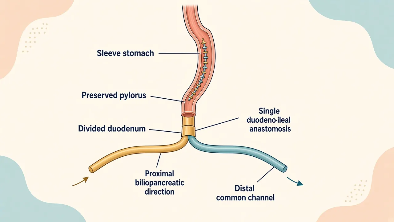Medical illustration of sleeve anatomy connected through one duodeno-ileal anastomosis to a shortened absorptive bowel channel in SADI-S