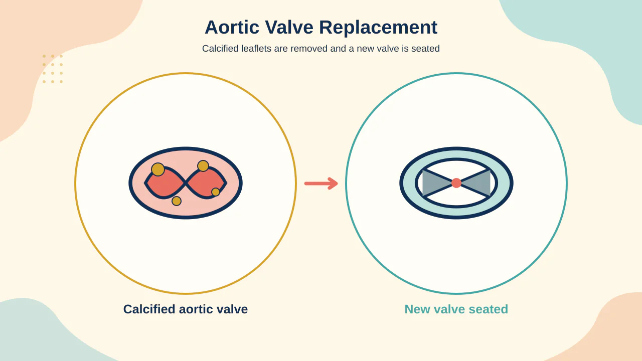 Medical illustration of calcified aortic valve removal and surgical placement of mechanical and tissue prosthesis options