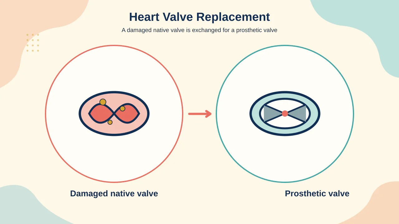 Medical illustration comparing a mechanical heart valve prosthesis with a biological tissue valve used for surgical replacement