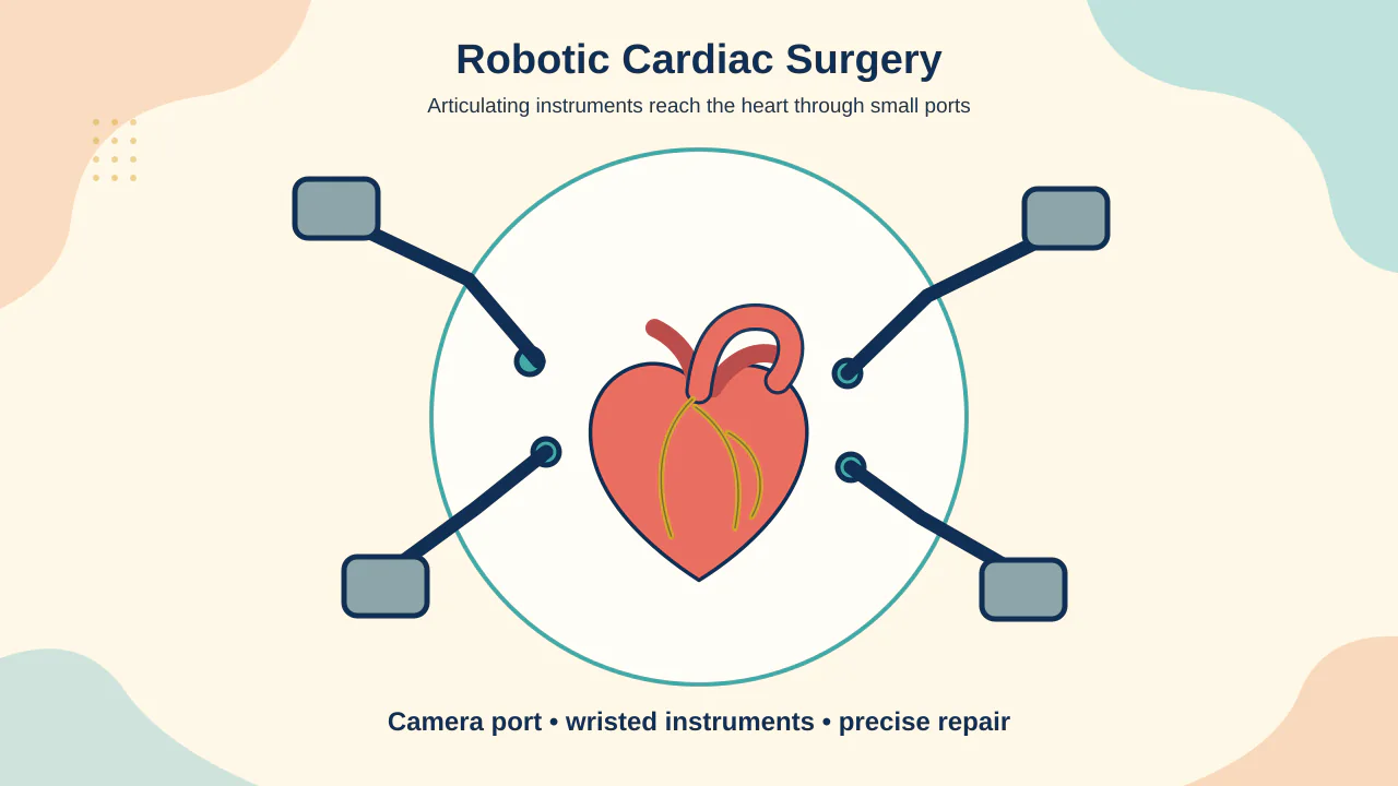 Medical illustration of console-controlled robotic instruments entering through chest ports for a selected mitral or coronary operation