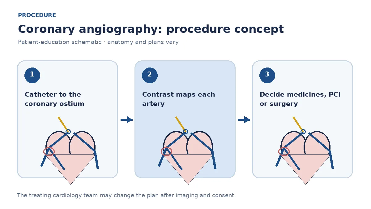 Clinical diagram of a catheter in the aortic root injecting contrast to outline coronary arteries during angiography