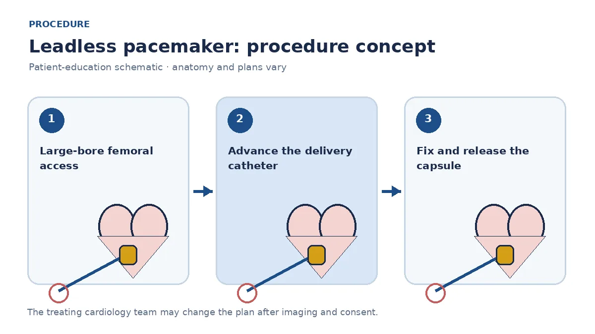 Clinical diagram of a leadless pacing capsule being released from a delivery catheter in the right ventricle