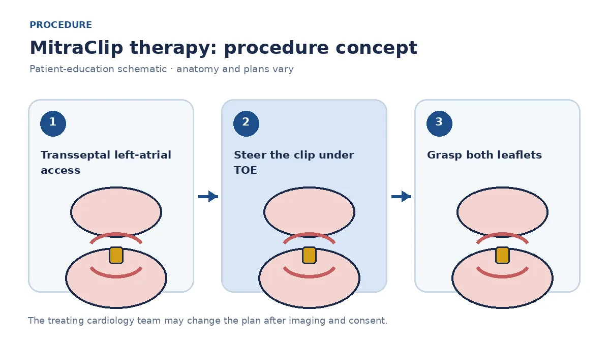 Clinical diagram of transseptal catheter delivery of an edge-to-edge clip grasping both mitral leaflets