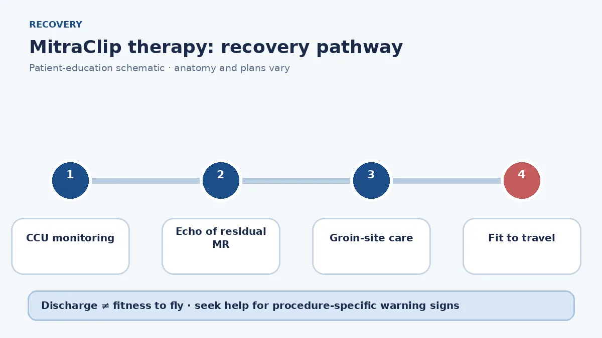 MitraClip recovery pathway showing CCU monitoring, echo review, groin care and travel clearance