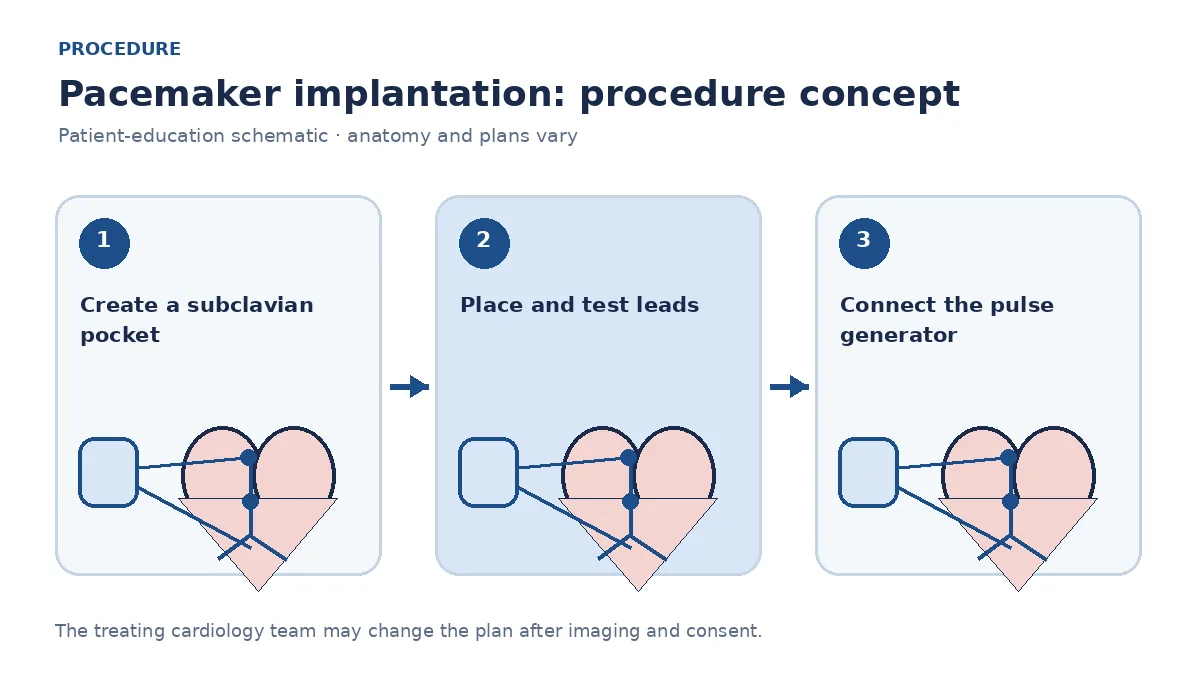 Clinical diagram of a transvenous pacemaker generator with leads in the right atrium and right ventricle