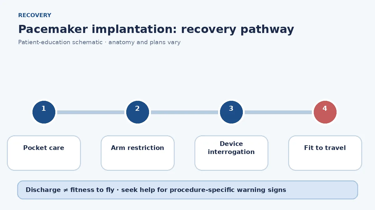 Pacemaker recovery pathway showing pocket care, arm restrictions, device interrogation and travel clearance
