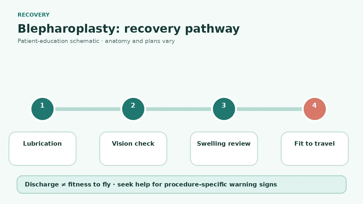 Blepharoplasty recovery pathway showing cold-compress guidance, eye lubrication, vision checks, swelling review and travel clearance