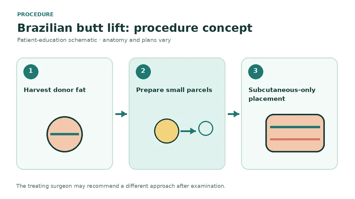Clinical safety diagram showing donor fat harvest, processing and subcutaneous-only buttock placement above the gluteal fascia